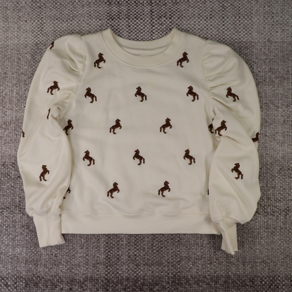 Maeve Anthropologie Embroidered Horse Puff Sleeve Sweatshirt Cream Medium